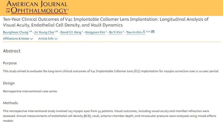 [Paper]10-Year Clinical Outcomes of V4c Implantable Collamer Lens Implantation